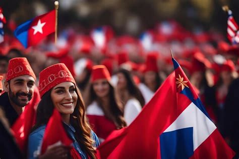 Premium Ai Image A Woman In A Crowd Of People Holding Flags With The