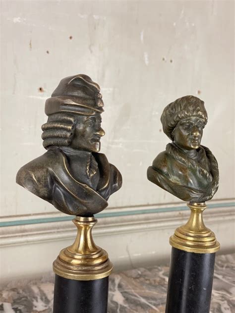 Proantic Pair Of Bronze Busts Voltaire And Rousseau Xixth Century