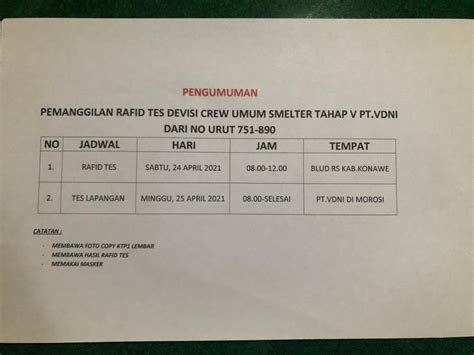 890 CTKL Crew Umum Tahap V PT VDNI Lulus Berkas Konawe Terkini