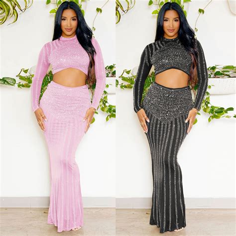 Sexy Large Hot Diamond Wrap Hip Elastic Fishtail Skirt Set