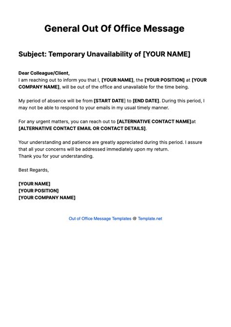 Free General Out Of Office Message Template Edit Online And Download