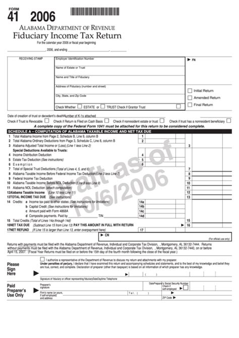 Form 41 Draft Fiduciary Income Tax Return Alabama Department Of