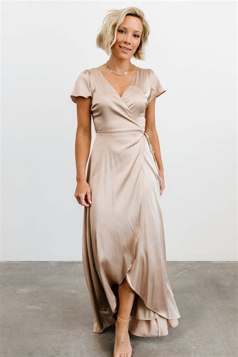 Krystal Satin Wrap Gown Champagne Bridesmaid Dresses With Sleeves