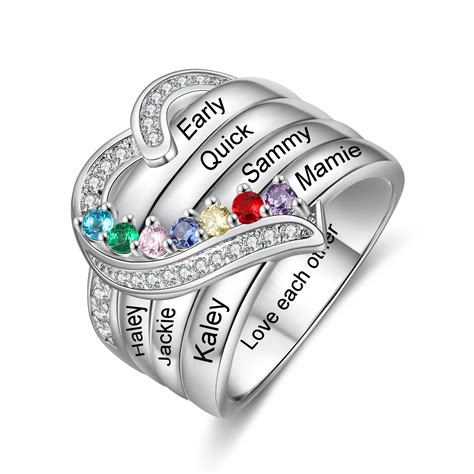 Personalized Mother Ring with 7 Birthstones Heart Family Ring