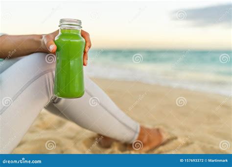 Healthy Green Juice Detox Smoothie Drink Beach Woman Girl Holding