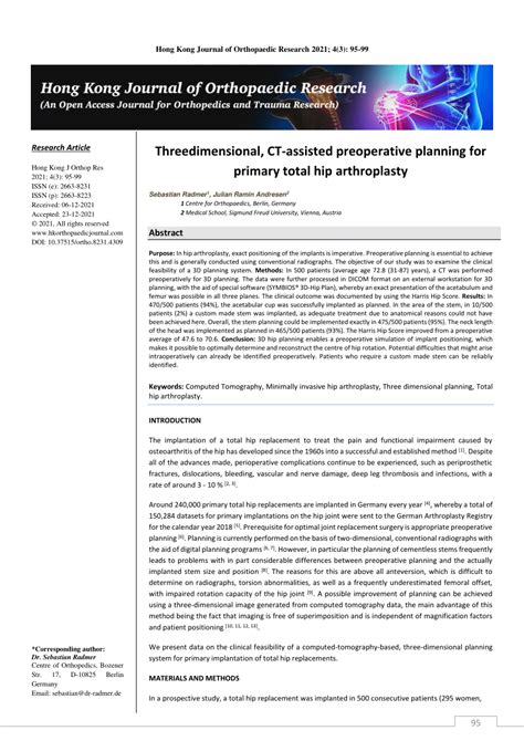 Pdf Threedimensional Ct Assisted Preoperative Planning For Primary