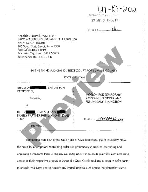 Utah Motion For Temporary Restraining Order And Preliminary Injunction