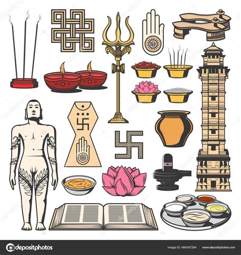 Jainism Indian Religion Symbols Vector Sketches Jain Dharma Ahimsa Kalash Stock Vector by ...