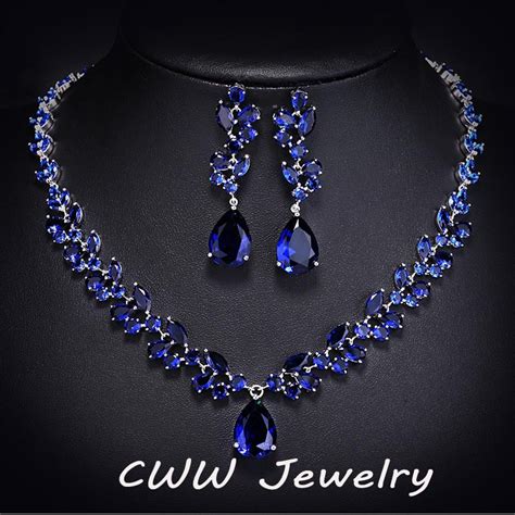 Luxury Cz Diamond Women Wedding Jewelry Royal Blue Sapphire Bridal Necklace Earrings Sets For