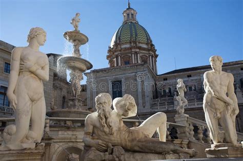 Group Of White Marble Statues Part Of The Pretoria Fountain Of Palermo