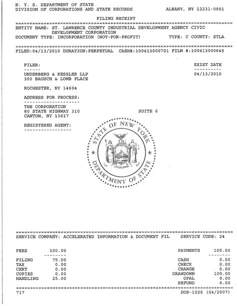 NYS Certificate Filing Receipt