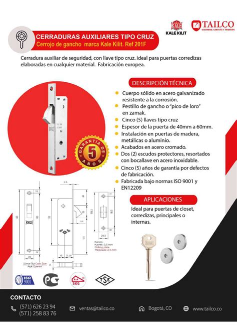 Cerradura Pico De Loro Angosta Llave Cruz Marca Kale Kilit Ref 201F