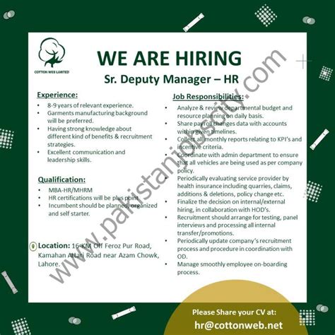 Cottonweb Limited Jobs Senior Deputy Manager Hr