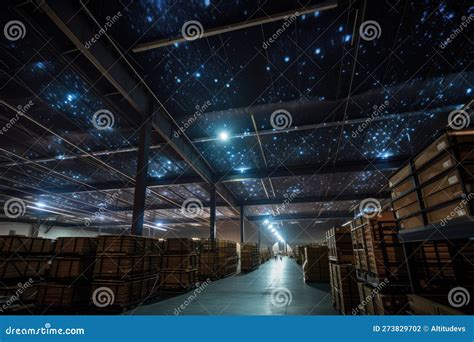 Warehouse, with View of the Night Sky and Stars Visible through the Ceiling Skylights Stock ...