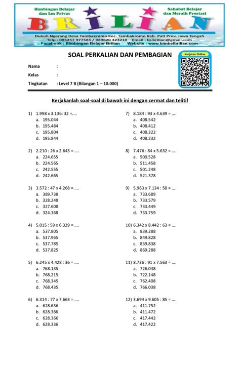 Soal Campuran Perkalian Dan Pembagian Level 7 B Dan Kunci Jawaban