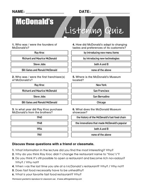 Mcdonalds Listening Quiz | PDF | Mc Donald's | Food And Drink