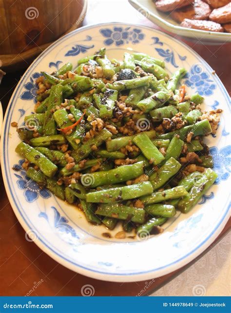 Closeup Of Stir Fried Long Beans Chinese Style On Dish Stock Image Image Of Diet Oriental