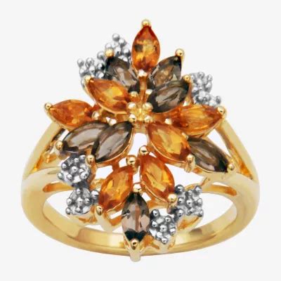 Womens Genuine Yellow Citrine 18K Gold Over Silver Flower 3 Stone