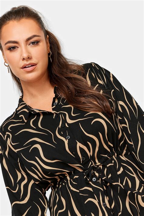 Yours Plus Size Black Abstract Print Long Sleeve Midaxi Shirt Dress