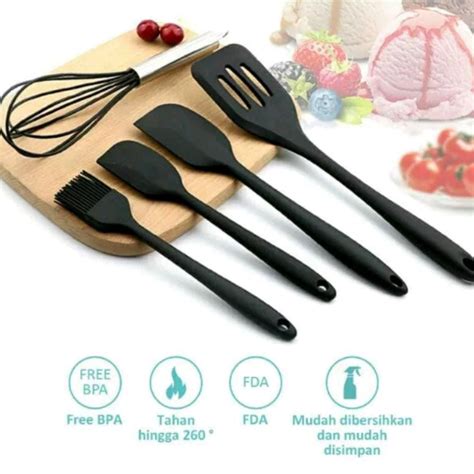 Jual Silicone Utensil 5 PCS Spatula Peralatan Masak Sutil Pegangan Kayu