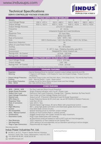 150 KVA Indus Servo Voltage Stabilizer 3 Phase Input Range 310 480v