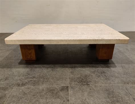 Vintage travertine & wooden coffee table, 1970s | #168530