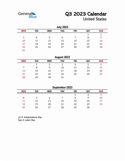 Q3 2023 Monday Start Quarterly Calendar with United States Holidays