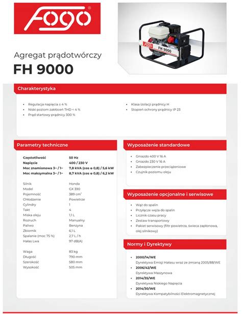 Agregat prądotwórczy FOGO FH9000R 6 8kW AVR 400V 230V HONDA GX390