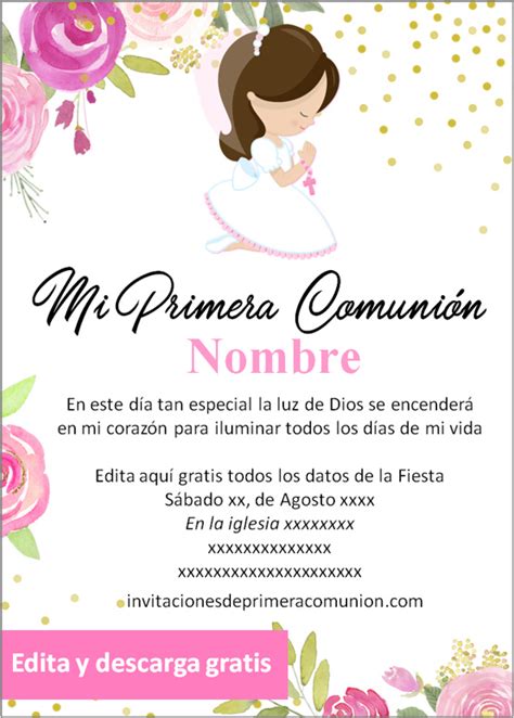 Las Mejores Invitaciones Para Primera Comuni N Ni A Para Editar