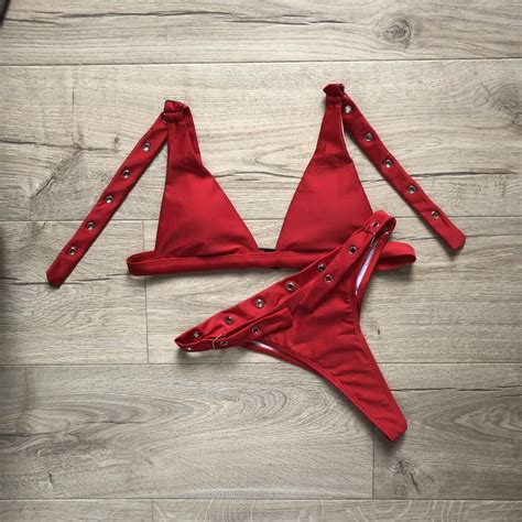 Red Buckle Padded Thong Bikini Set Buckle Strap Depop
