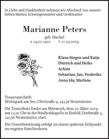 Traueranzeigen Von Marianne Peters Sh Z Trauer