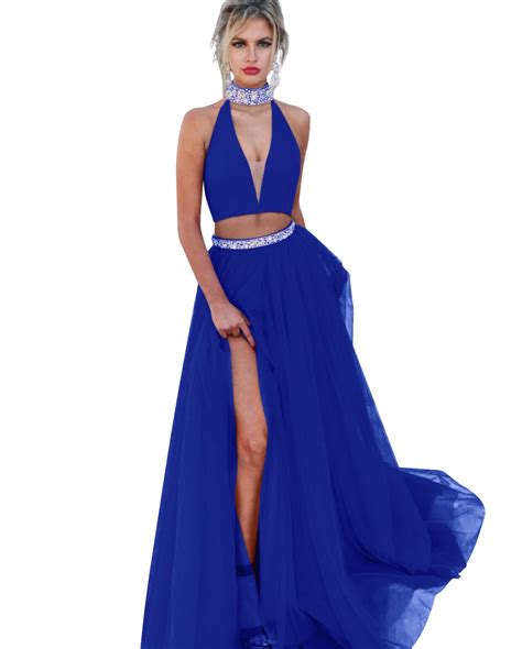 Vinbridal Sexy High Neck Crystal Two Piece Slit Side Prom Dresses