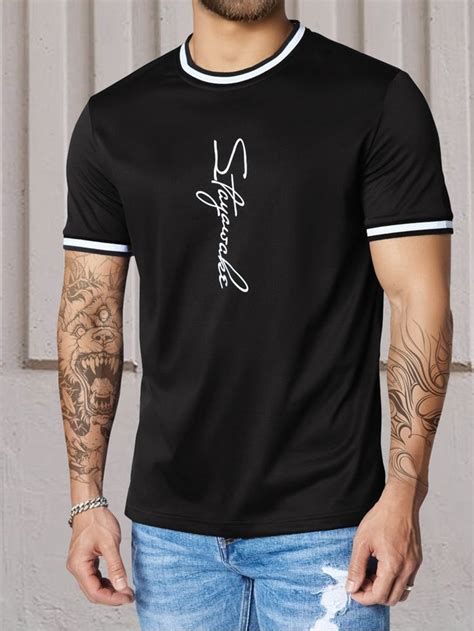 Men Letter Graphic Contrast Trim Tee Camisas Masculinas Visuais