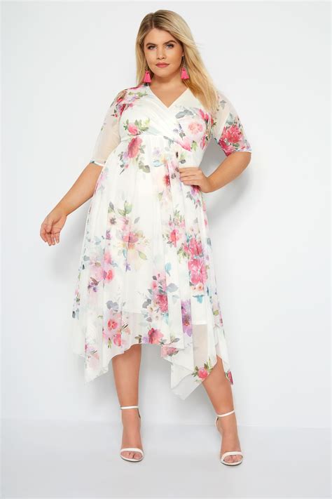 Yours London White Floral Mesh Midi Dress With Hanky Hem Plus Size 16