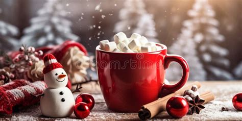Christmas Hot Chocolate With Marshmallow Snowman On Cozy Background Stock Illustration