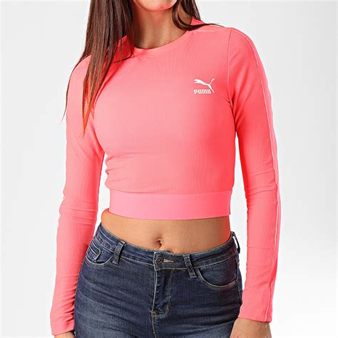 Puma Tee Shirt De Sport Crop Femme Manches Longues Classics Rib 595196 Rose Fluo