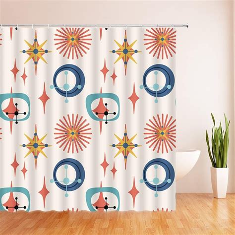 Mid Century Shower Curtain Atomic Starbursts Retro Abstract Geometric