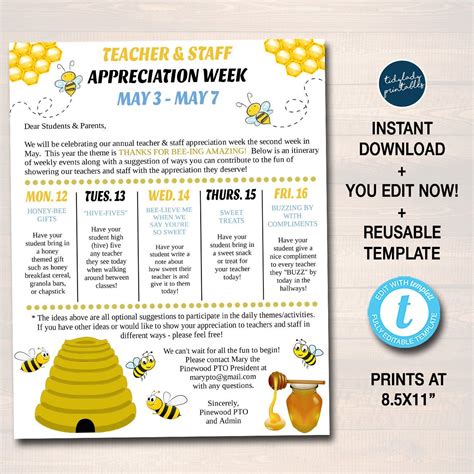 Bee Theme Teacher Appreciation Staff Invitation Newsletter – TidyLady ...