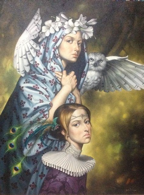 A Painting Of Two Women With Birds On Their Shoulders