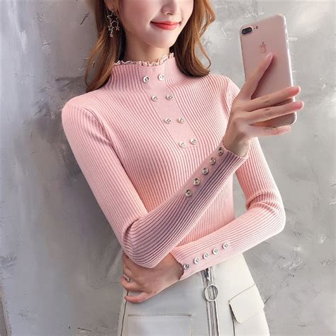 Autumn Winter Mock Neck Knitted Sweaters Women Long Sleeve Slim Fit