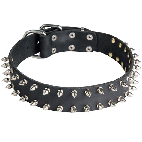 Leather Dog Collar with 2 Rows of Nickel Spikes [S33##1144 Leather Spiked Collar 40 mm ...