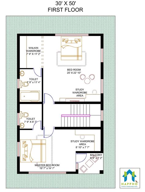 Floor Plan for 30 X 50 Feet Plot | 3-BHK (1500 Square Feet/166 Sq Yards) Ghar-034 - Happho