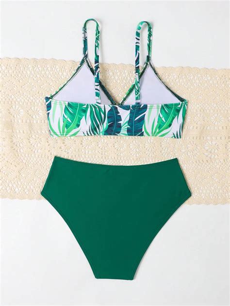 Tween Girls Adjustable Strap Bikini Swimsuit With Leaf Print Design SHEIN UK