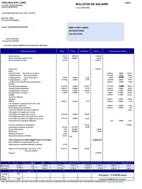 Fiche de Paie AVRIL2023 PDF Impôt sur le revenu Bulletin de