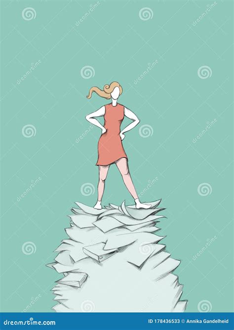 Resolute Woman Is Standing On Stack Of Paper Stock Image