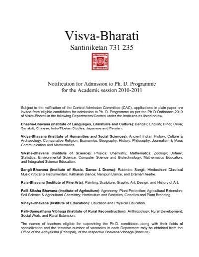 Admission To Ph D Programme 2010 11 Visva Bharati