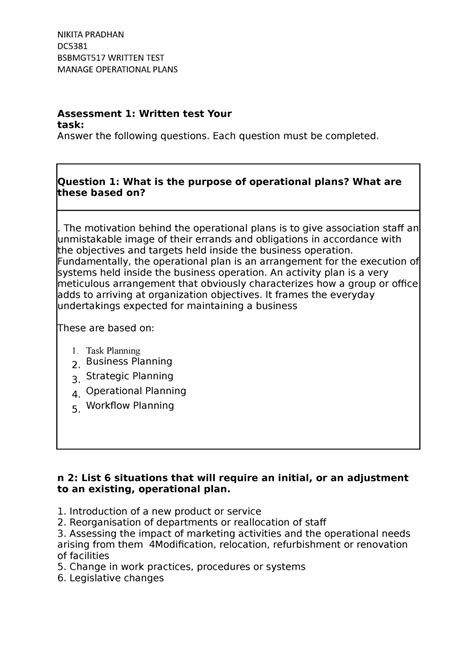 Bsbmgt 517 Assessment 1 WORD DC BSBMGT517 WRITTEN TEST MANAGE