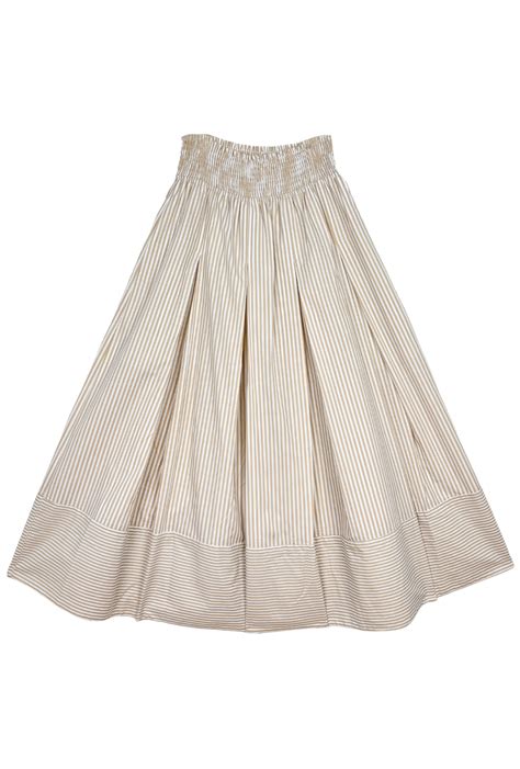 Smocked Waist Midi Skirt Oatmeal Stripe Buru