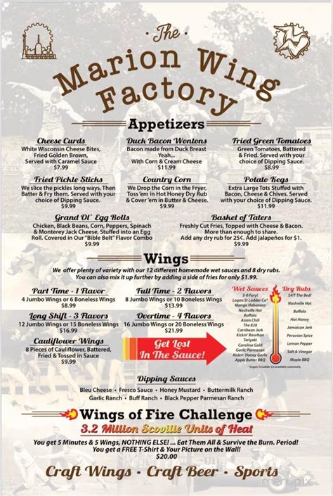 Online Menu of The Marion Wing Factory, Marion, NC