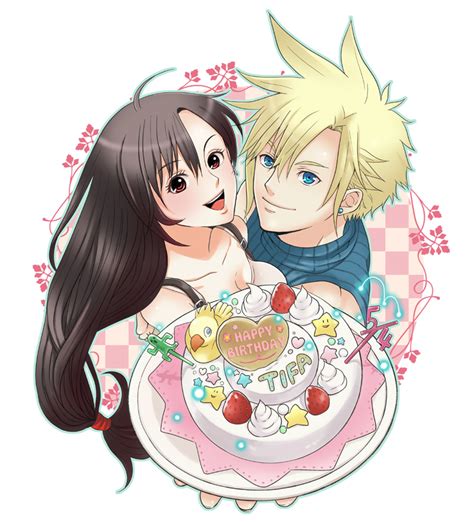 Safebooru Black Hair Blonde Hair Blue Eyes Cactuar Cake Chocobo Cloud Strife Couple Earrings